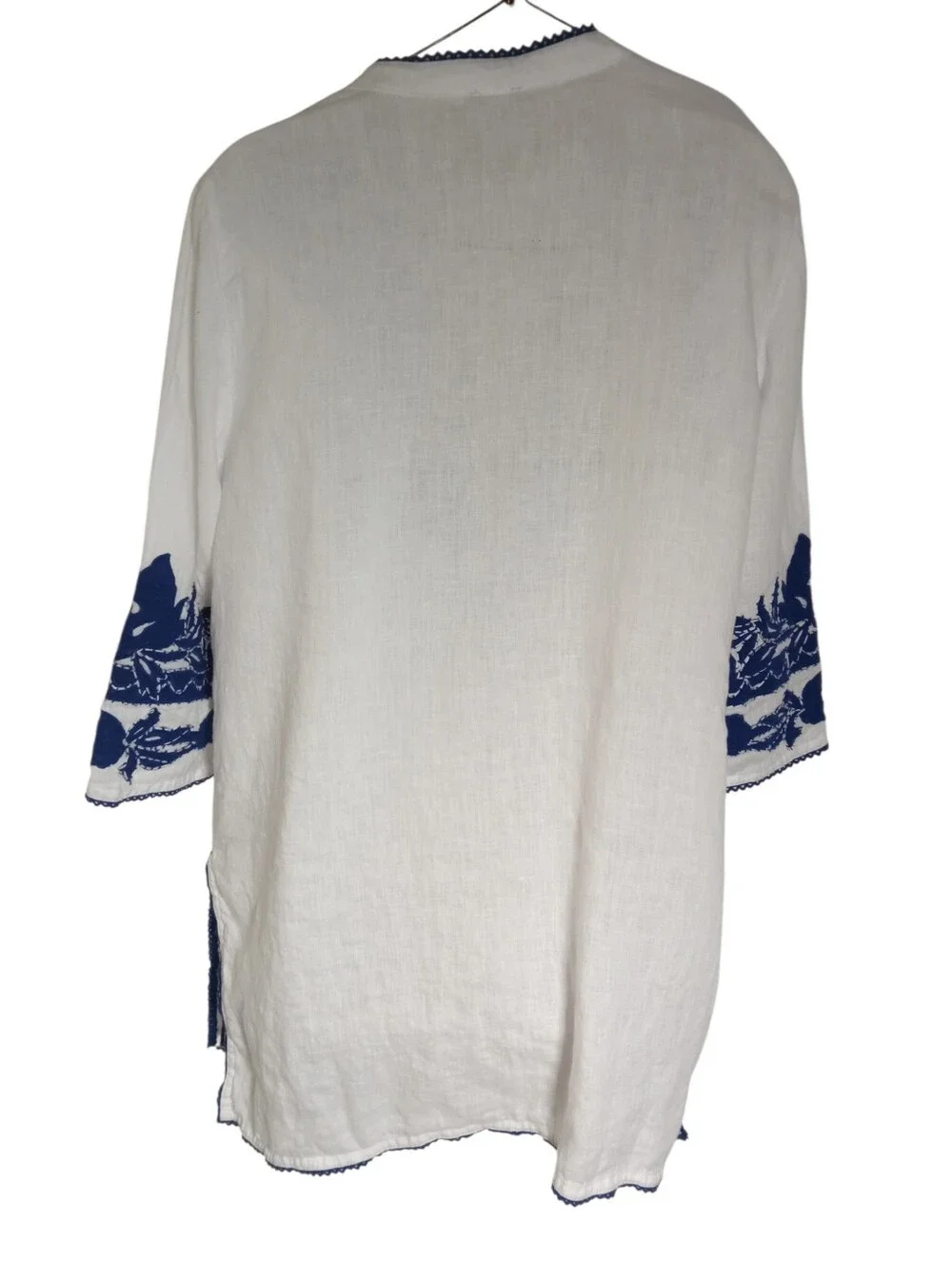 Chico's Blue White Appliqué Floral Embroidered Boho Swim Cover-Up Tunic Sz 2/L